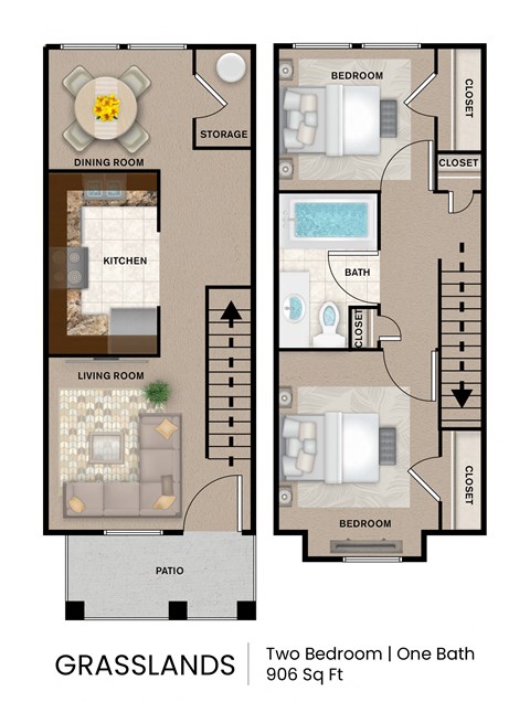 Floor plan for 2 beds, 1 bath, 906 sqft